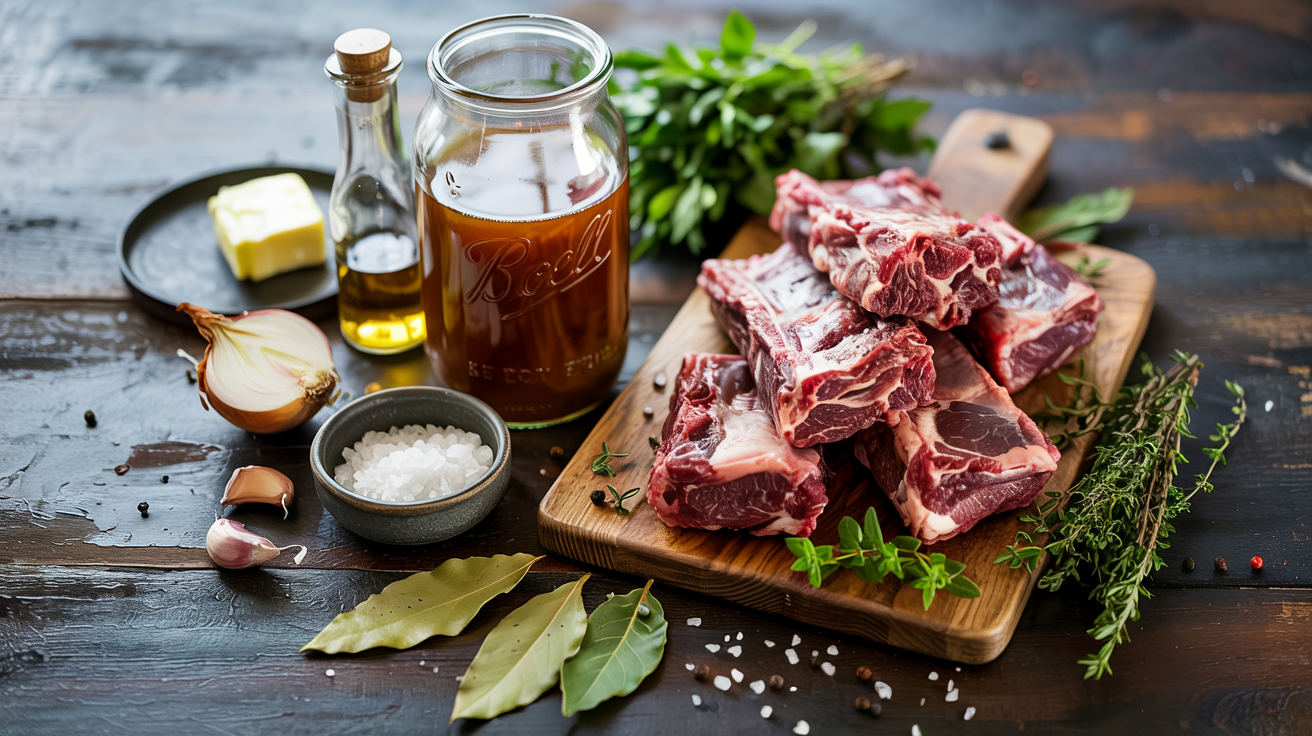 Beef Short Ribs Braised in Savory Bone Broth with Garlic and Bay Leaf