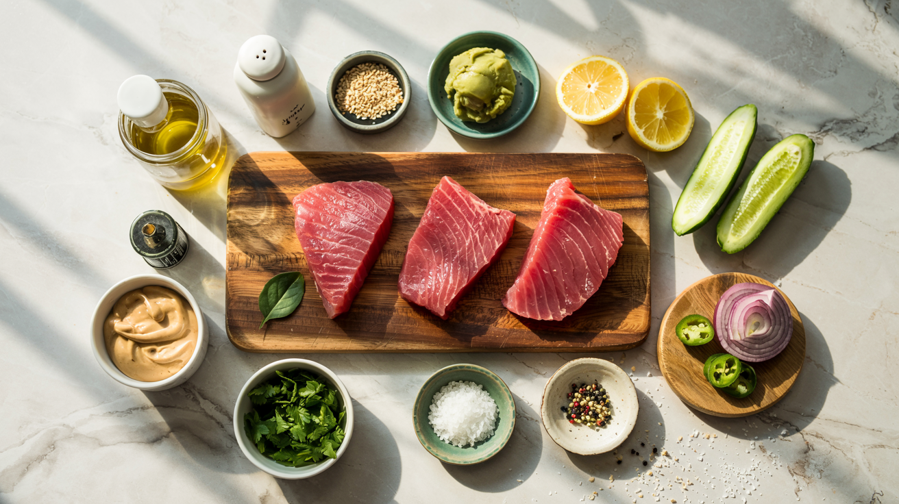 Keto Seared Tuna Steaks with Wasabi Aioli and Spicy Cucumber Salad
