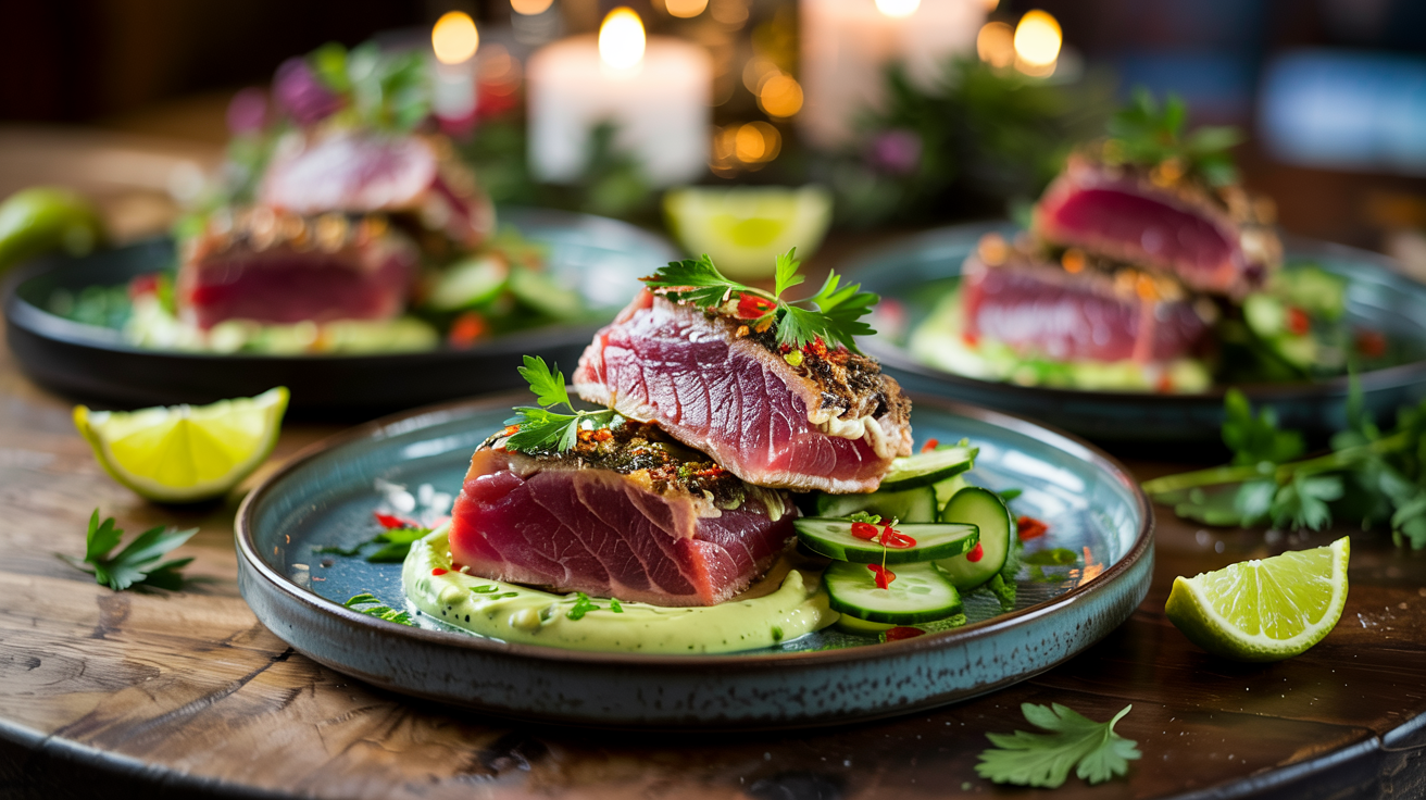 Keto Seared Tuna Steaks with Wasabi Aioli and Spicy Cucumber Salad