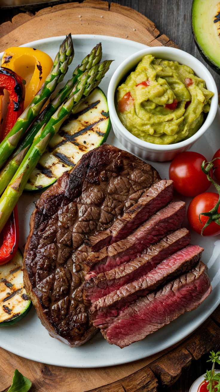 Grilled steak with asparagus, zucchini and guacamole – ketovore-friendly dinner.
