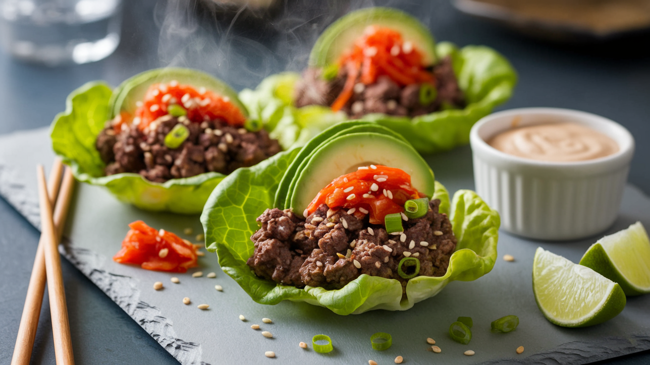 Fiery Keto Spicy Ground Beef Lettuce Wraps with Kimchi