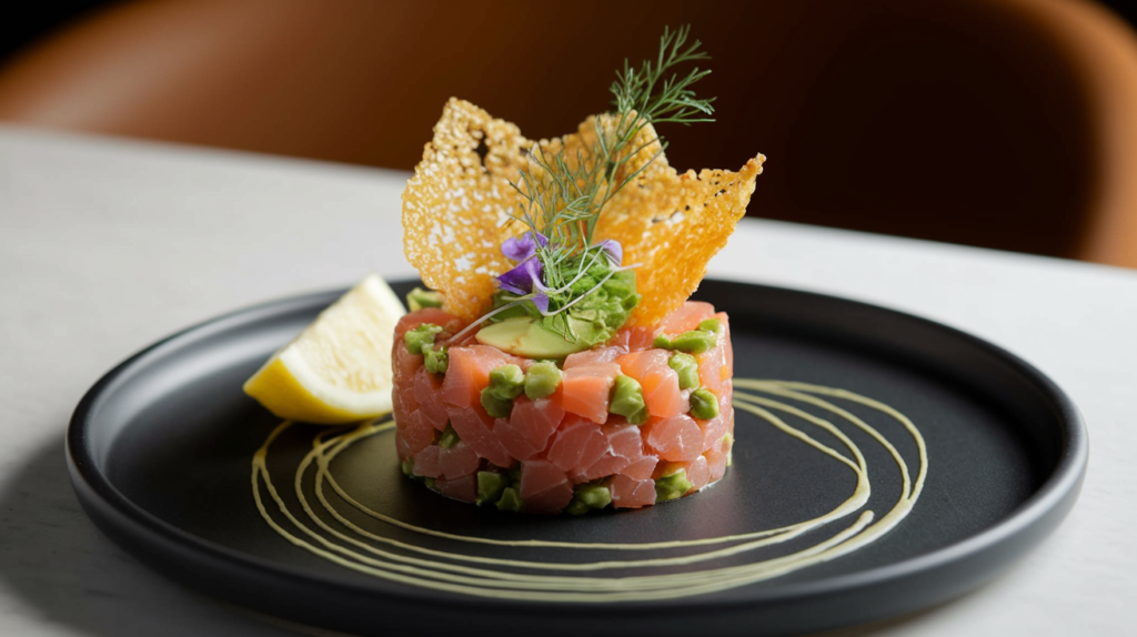 Keto Salmon Tartare with Creamy Avocado and Crispy Salmon Skin "Cracklings"