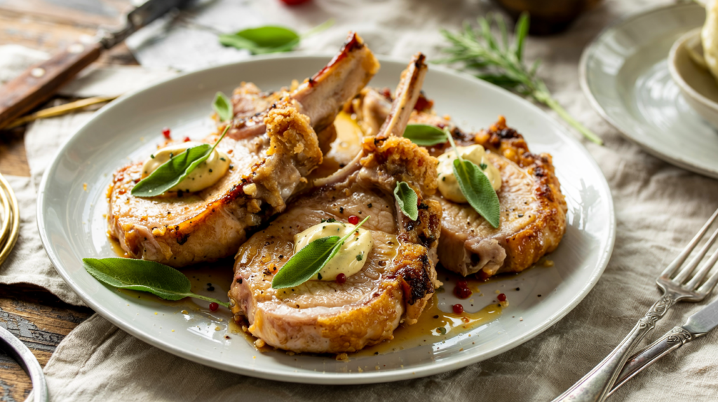 Keto Crispy Pan-Fried Pork Chops with Crackling and Sage Butter Sauce