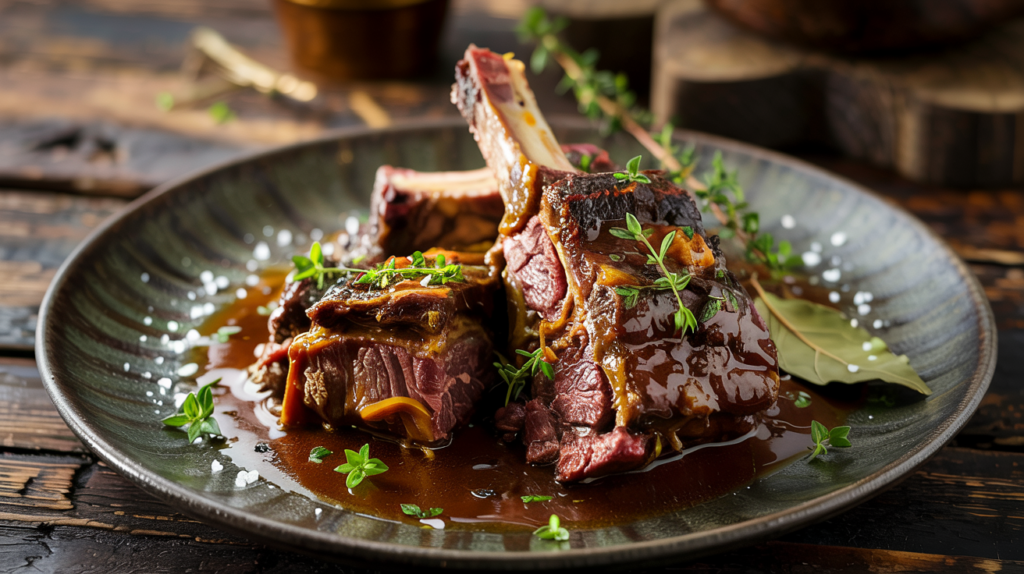 Beef Short Ribs Braised in Savory Bone Broth with Garlic and Bay Leaf
