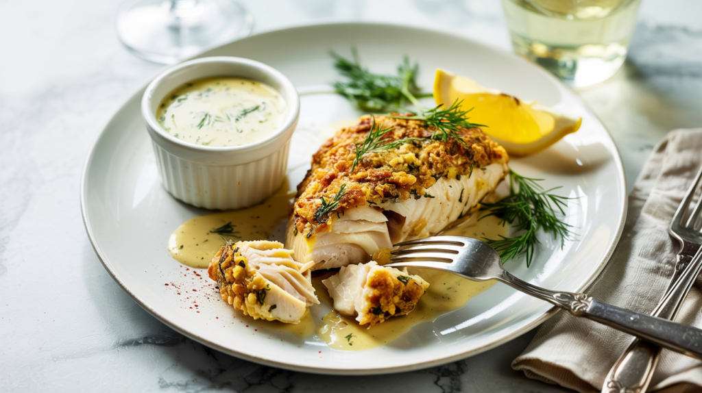 Keto Crispy Parmesan Crusted Halibut with Lemon Dill Sauce