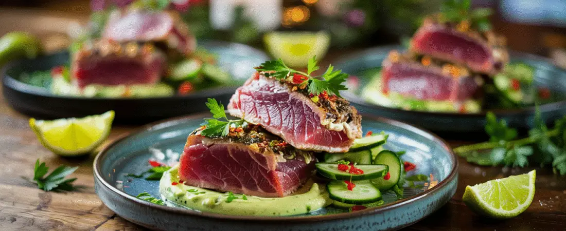 Keto Seared Tuna Steaks with Wasabi Aioli and Spicy Cucumber Salad