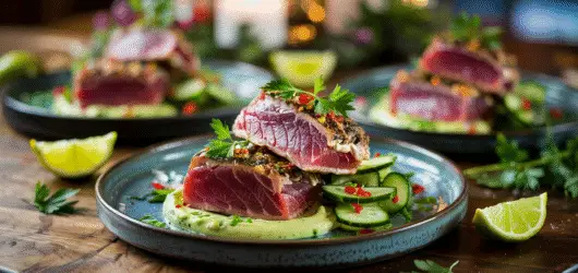 Keto Seared Tuna Steaks with Wasabi Aioli and Spicy Cucumber Salad