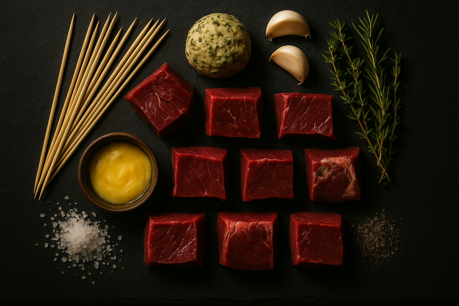 Beef heart skewer ingredients on dark slate