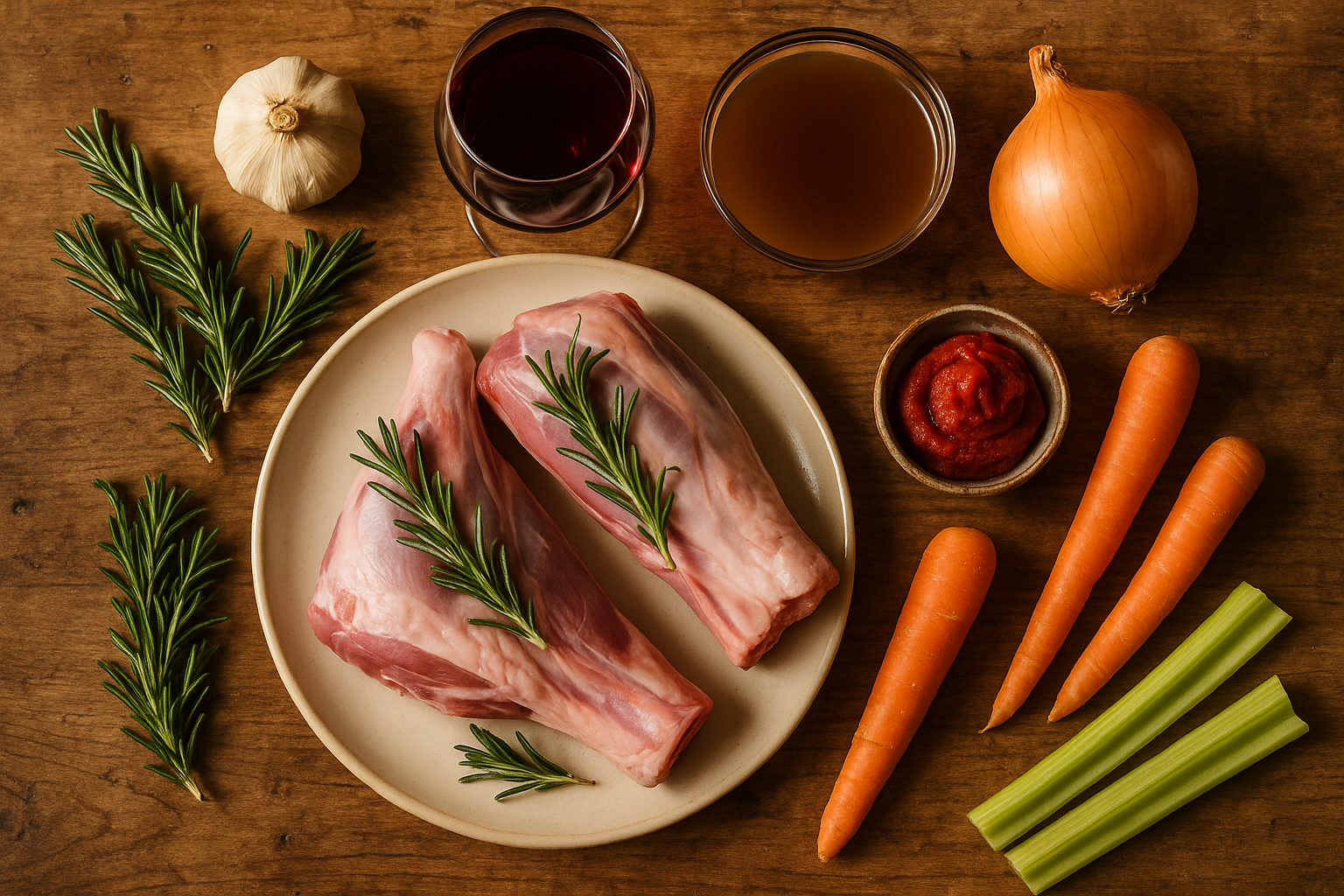 Lamb shank ingredients on rustic table