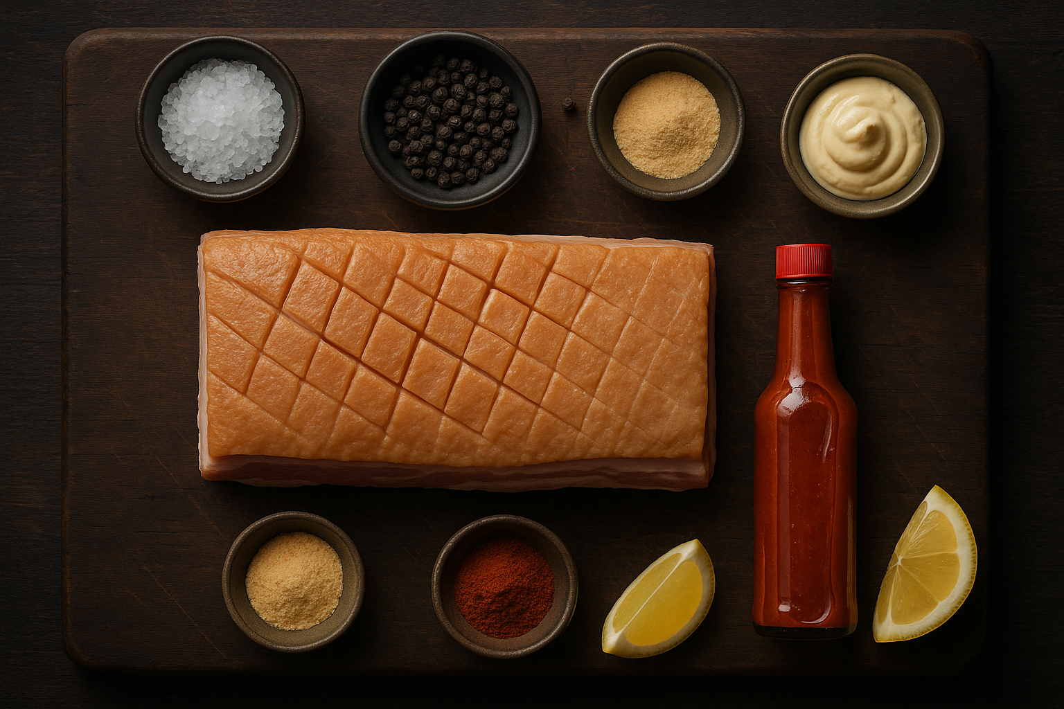 Pork belly and seasonings on cutting board