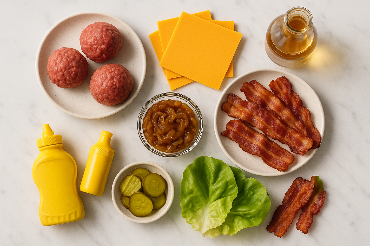 Smash burger ingredients on marble counter
