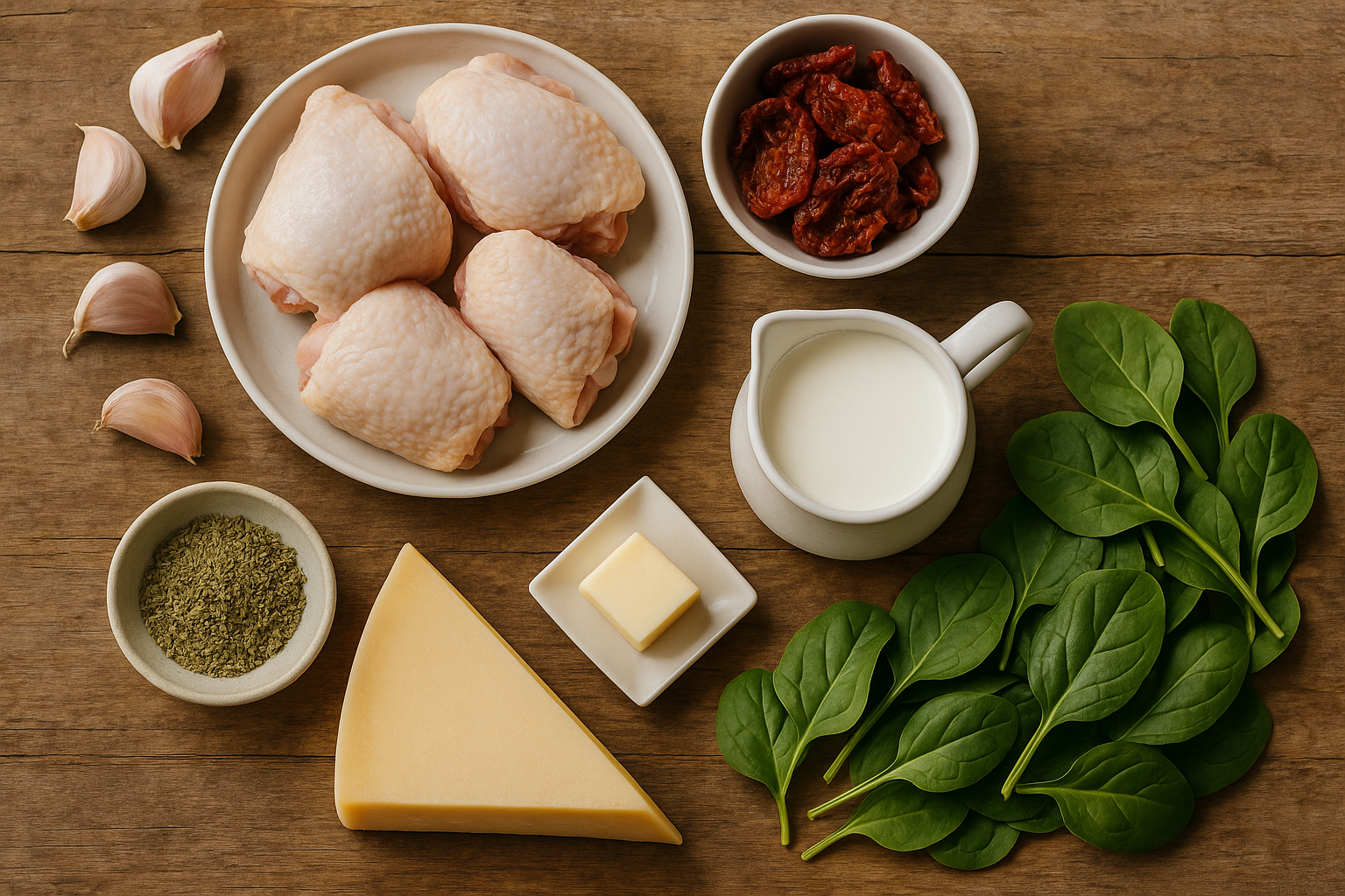 Creamy Tuscan Chicken ingredients laid out on wooden table